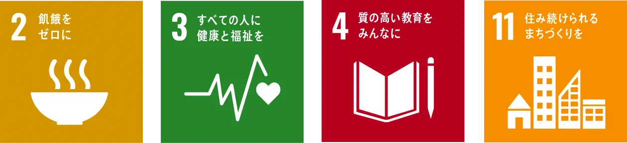 2.飢餓をゼロに 3.すべての人に健康と福祉を 4.質の高い教育をみんなに 11.住み続けられるまちづくりを